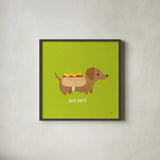 Good Dogs Dachshund Bright by Moira Hershey. Shown in a sleek black glass frame for a contemporary gallery look. Available as an archival giclee rolled canvas, fine art paper, or poster print. SKU 21629a.