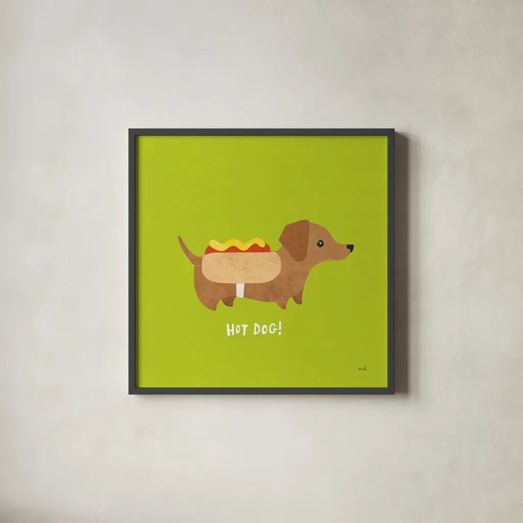 Good Dogs Dachshund Bright by Moira Hershey. Shown in a sleek black glass frame for a contemporary gallery look. Available as an archival giclee rolled canvas, fine art paper, or poster print. SKU 21629a.