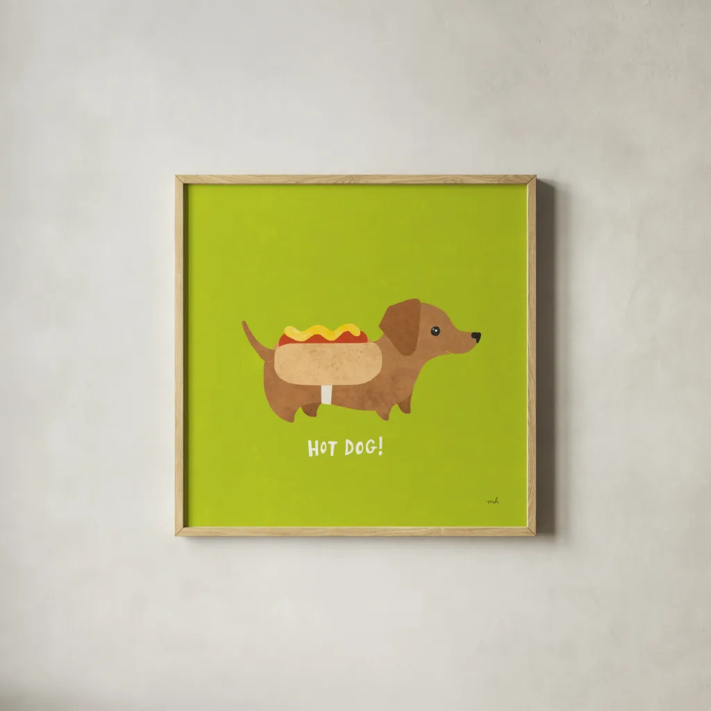 Good Dogs Dachshund Bright by Moira Hershey. Shown in a natural wood glass frame for a timeless modern aesthetic. Available as an archival giclee rolled canvas, fine art paper, or poster print. SKU 21629a.