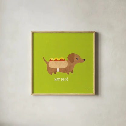 Good Dogs Dachshund Bright by Moira Hershey. Shown in a natural wood glass frame for a timeless modern aesthetic. Available as an archival giclee rolled canvas, fine art paper, or poster print. SKU 21629a.