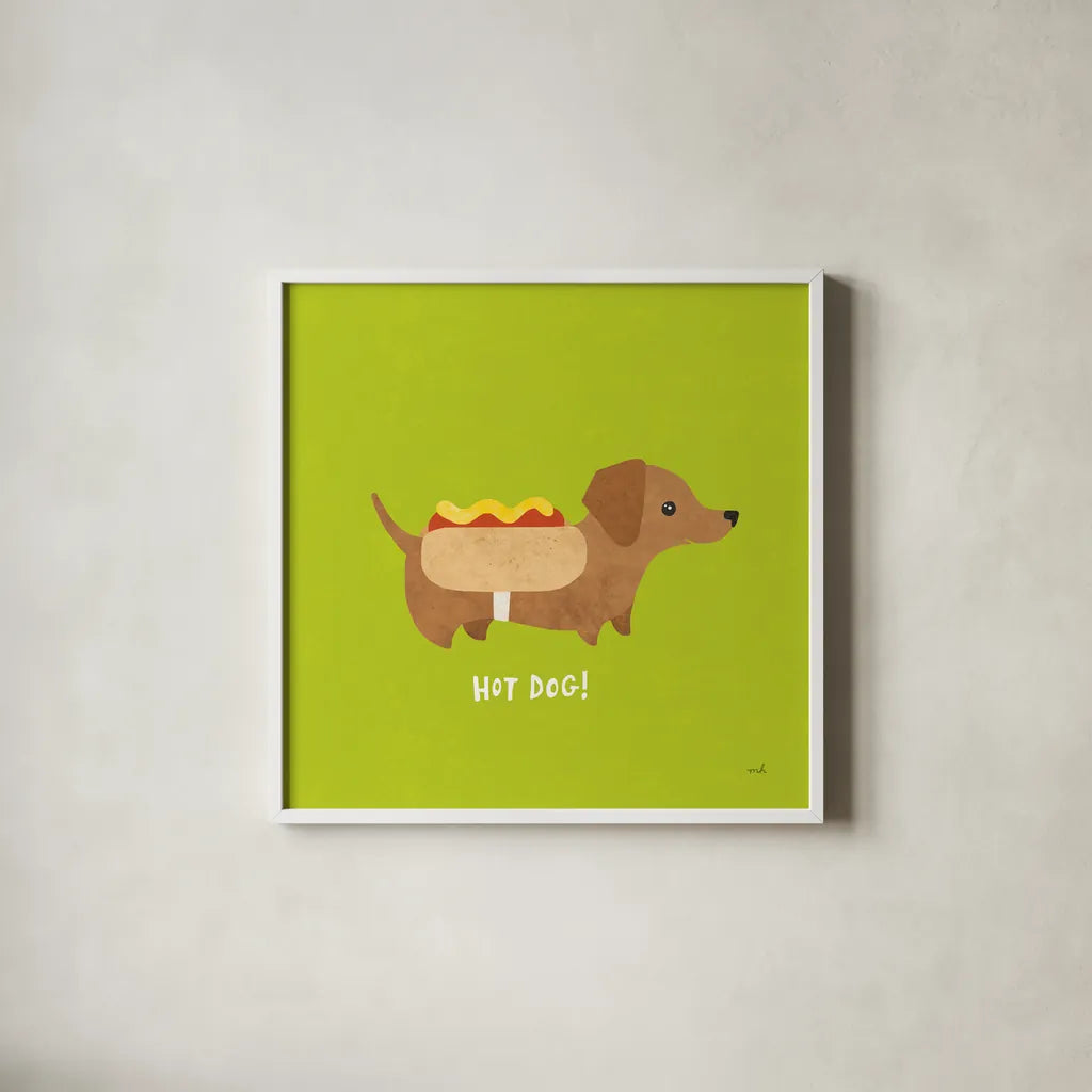 Good Dogs Dachshund Bright by Moira Hershey. Shown in a crisp white glass frame for a clean and minimalist style. Available as an archival giclee rolled canvas, fine art paper, or poster print. SKU 21629a.