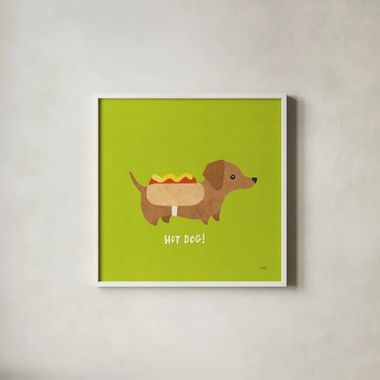 Good Dogs Dachshund Bright by Moira Hershey. Shown in a crisp white glass frame for a clean and minimalist style. Available as an archival giclee rolled canvas, fine art paper, or poster print. SKU 21629a.