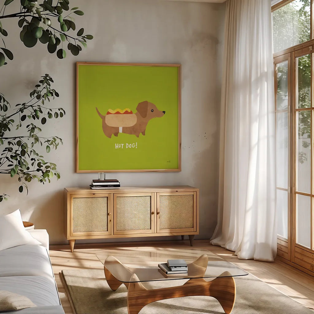 Good Dogs Dachshund Bright by Moira Hershey. Shown in a natural wood frame in a cozy modern living room. Available as an archival giclee rolled canvas, fine art paper, or poster print. SKU 21629a.
