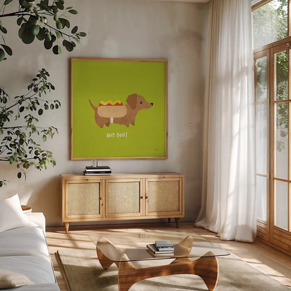 Good Dogs Dachshund Bright by Moira Hershey. Shown in a natural wood frame in a cozy modern living room. Available as an archival giclee rolled canvas, fine art paper, or poster print. SKU 21629a.