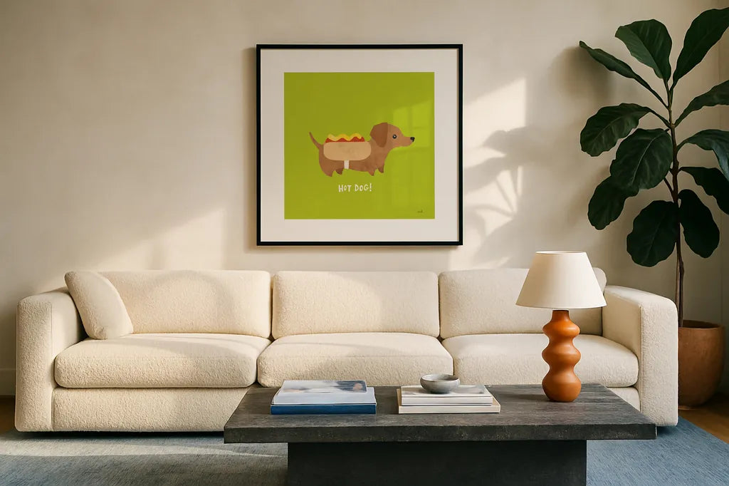 Good Dogs Dachshund Bright by Moira Hershey. Displayed in a glass frame with matte in a clean modern living room. Available as an archival giclee rolled canvas, fine art paper, or poster print. SKU 21629a.