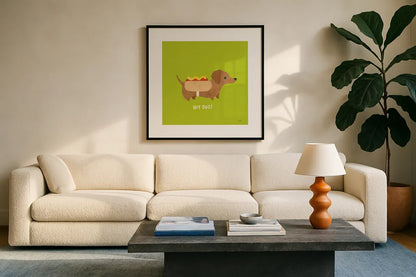 Good Dogs Dachshund Bright by Moira Hershey. Displayed in a glass frame with matte in a clean modern living room. Available as an archival giclee rolled canvas, fine art paper, or poster print. SKU 21629a.