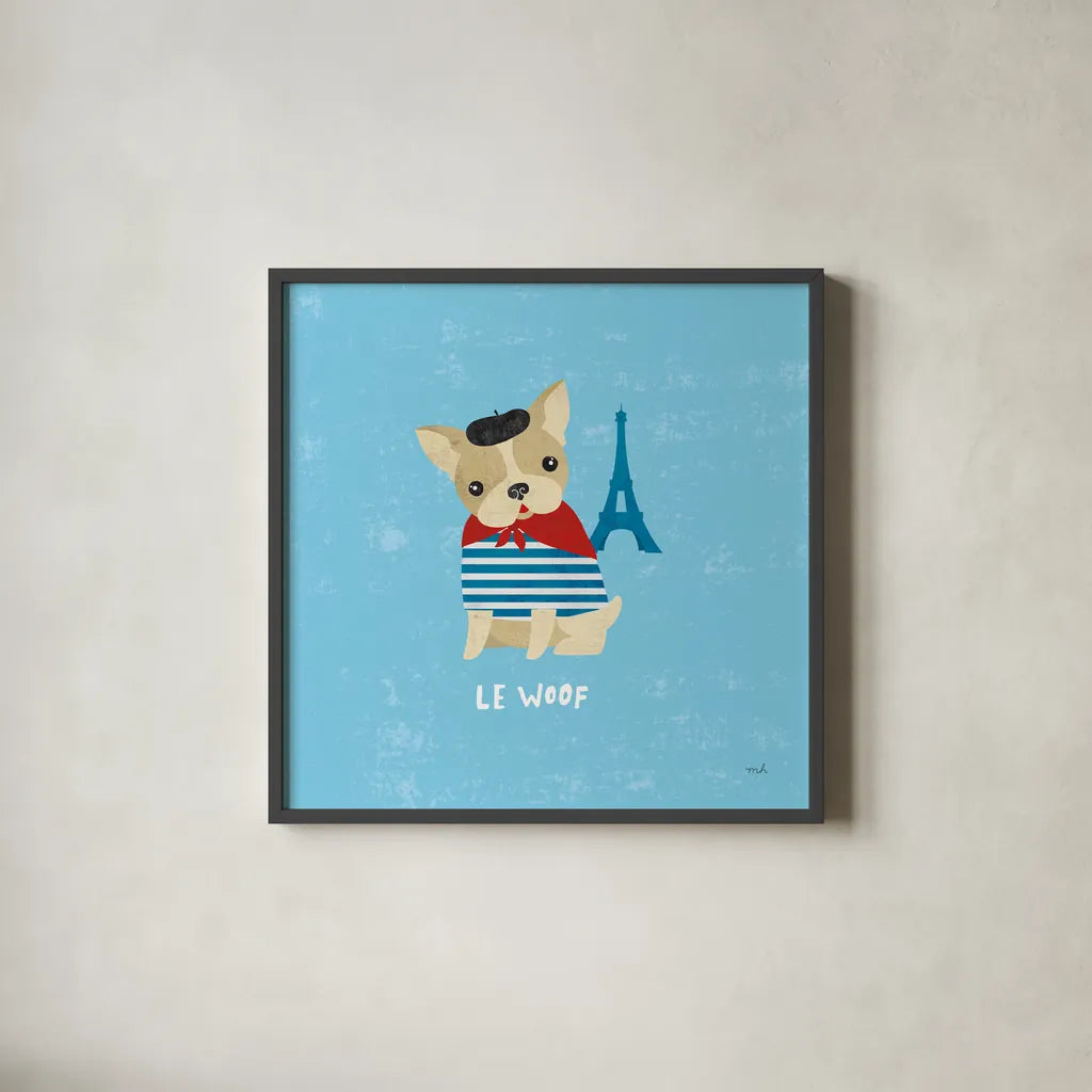 Good Dogs French Buldog by Moira Hershey. Shown in a sleek black glass frame for a contemporary gallery look. Available as an archival giclee rolled canvas, fine art paper, or poster print. SKU 21238a.