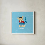 Good Dogs French Buldog by Moira Hershey. Shown in a crisp white glass frame for a clean and minimalist style. Available as an archival giclee rolled canvas, fine art paper, or poster print. SKU 21238a.