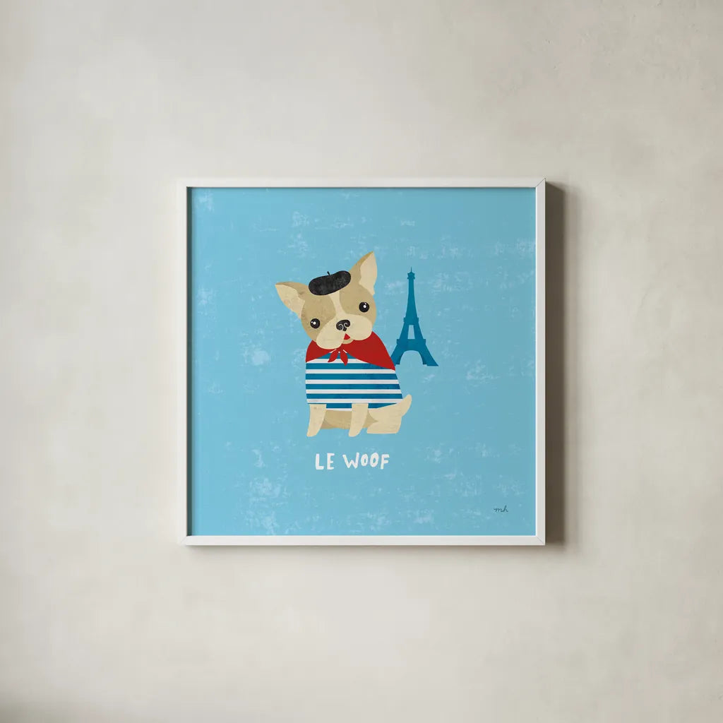 Good Dogs French Buldog by Moira Hershey. Shown in a crisp white glass frame for a clean and minimalist style. Available as an archival giclee rolled canvas, fine art paper, or poster print. SKU 21238a.