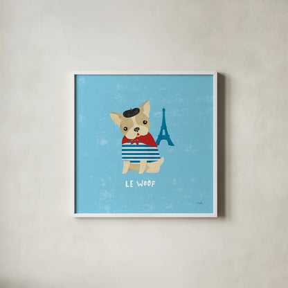 Good Dogs French Buldog by Moira Hershey. Shown in a crisp white glass frame for a clean and minimalist style. Available as an archival giclee rolled canvas, fine art paper, or poster print. SKU 21238a.