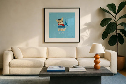 Good Dogs French Buldog by Moira Hershey. Displayed in a glass frame with matte in a clean modern living room. Available as an archival giclee rolled canvas, fine art paper, or poster print. SKU 21238a.