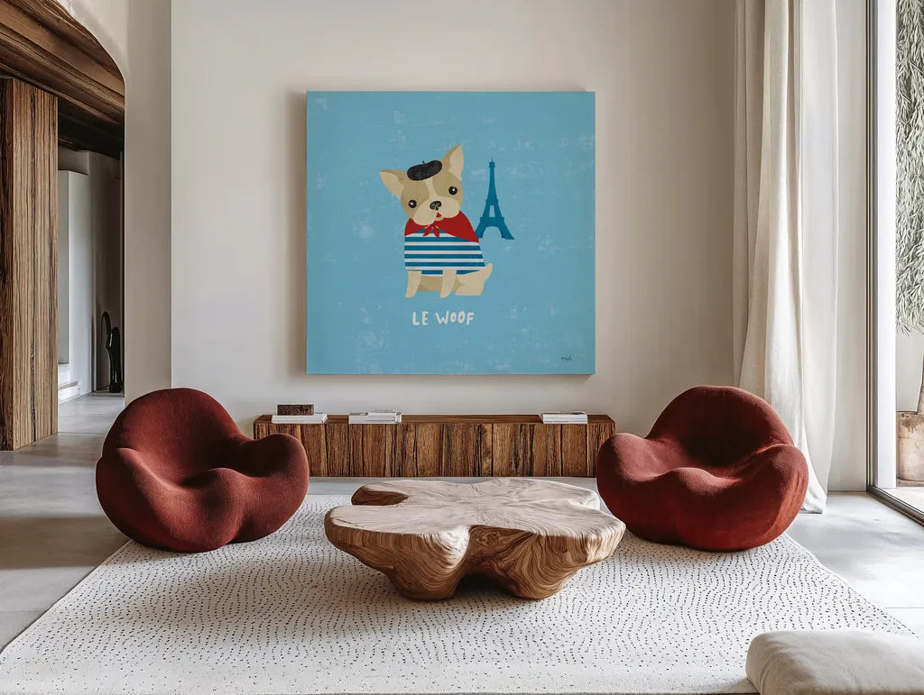 Good Dogs French Buldog by Moira Hershey. Shown as extra-large giant wall art in a modern living room. Available as an archival giclee rolled canvas, fine art paper, or poster print. SKU 21238a.