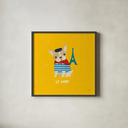 Good Dogs French Bulldog Bright by Moira Hershey. Shown in a sleek black glass frame for a contemporary gallery look. Available as an archival giclee rolled canvas, fine art paper, or poster print. SKU 21630a.