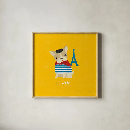 Good Dogs French Bulldog Bright by Moira Hershey. Shown in a natural wood glass frame for a timeless modern aesthetic. Available as an archival giclee rolled canvas, fine art paper, or poster print. SKU 21630a.