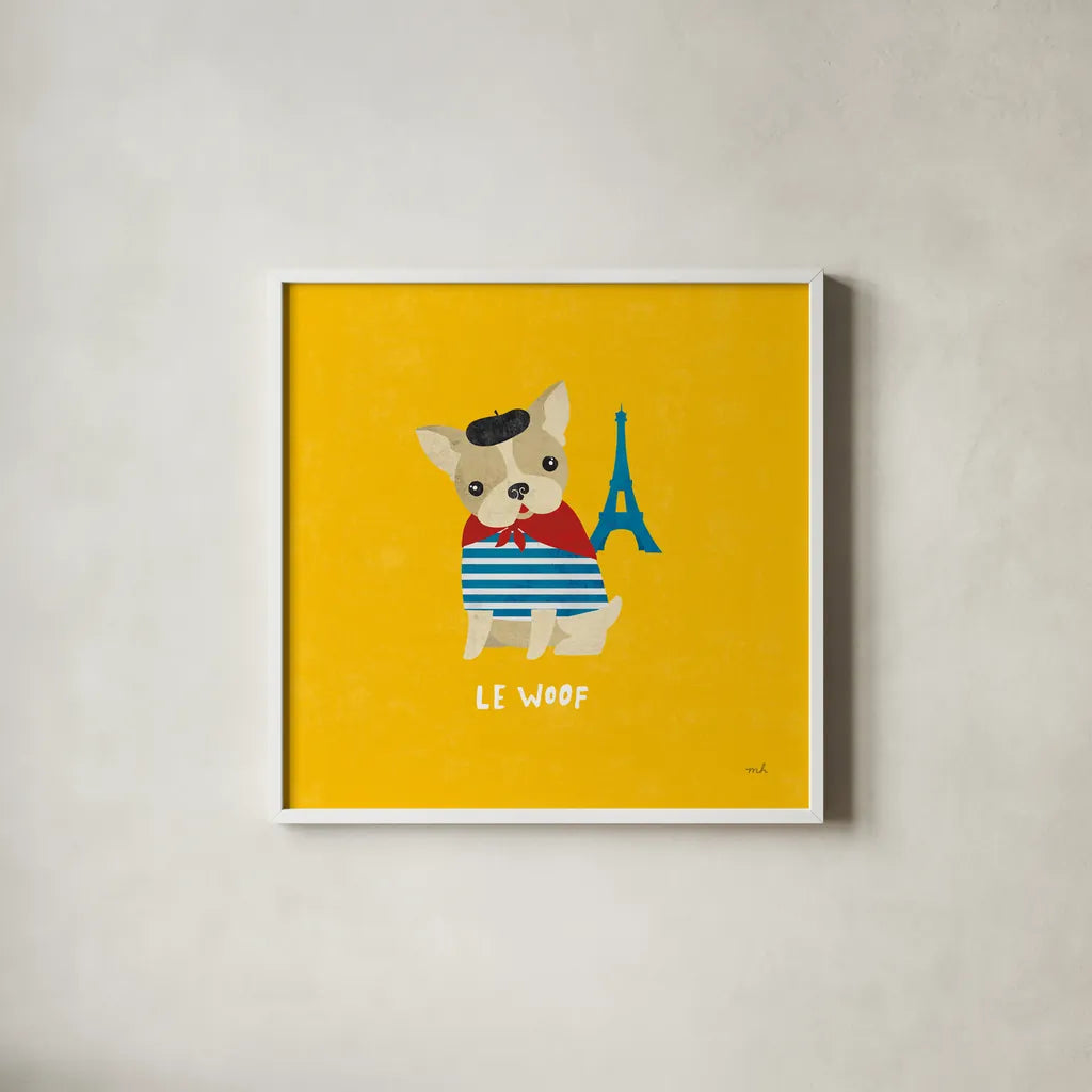 Good Dogs French Bulldog Bright by Moira Hershey. Shown in a crisp white glass frame for a clean and minimalist style. Available as an archival giclee rolled canvas, fine art paper, or poster print. SKU 21630a.