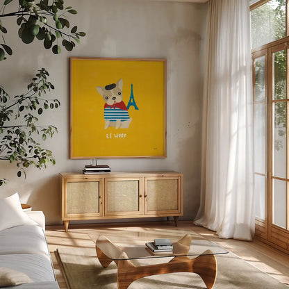 Good Dogs French Bulldog Bright by Moira Hershey. Shown in a natural wood frame in a cozy modern living room. Available as an archival giclee rolled canvas, fine art paper, or poster print. SKU 21630a.