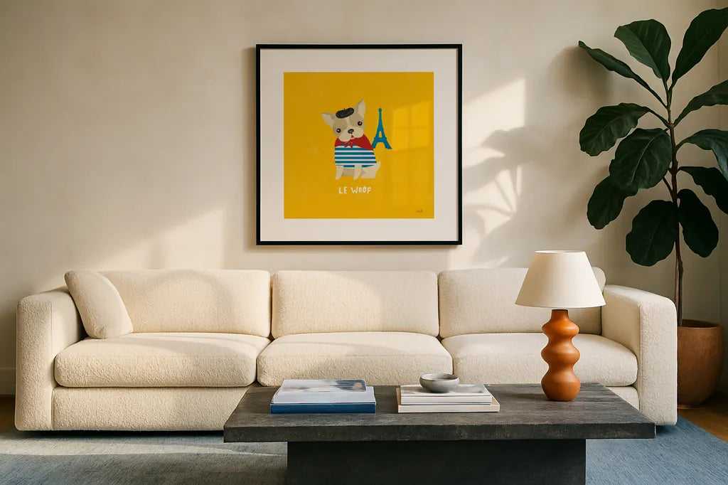 Good Dogs French Bulldog Bright by Moira Hershey. Displayed in a glass frame with matte in a clean modern living room. Available as an archival giclee rolled canvas, fine art paper, or poster print. SKU 21630a.