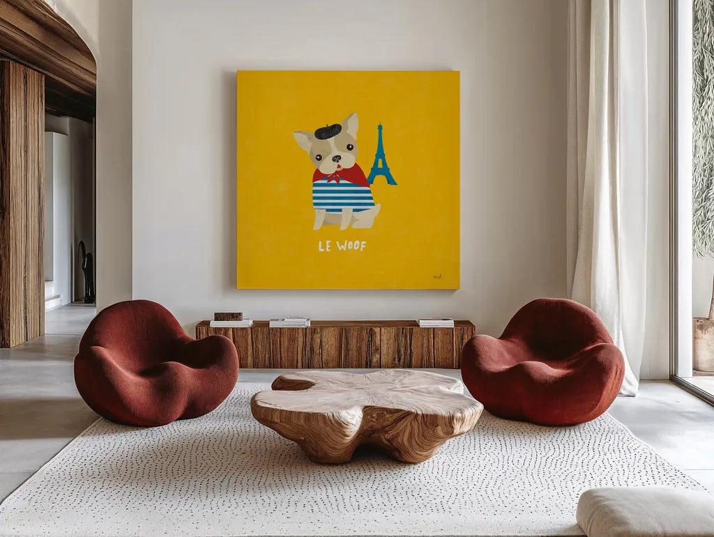Good Dogs French Bulldog Bright by Moira Hershey. Shown as extra-large giant wall art in a modern living room. Available as an archival giclee rolled canvas, fine art paper, or poster print. SKU 21630a.