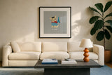 Good Dogs French Bulldog Gray by Moira Hershey. Displayed in a glass frame with matte in a clean modern living room. Available as an archival giclee rolled canvas, fine art paper, or poster print. SKU 19093a.