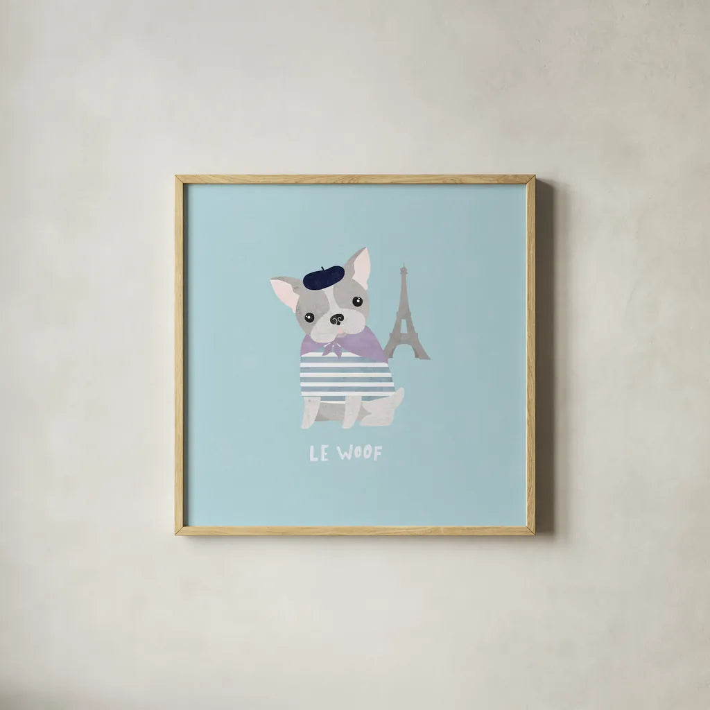Good Dogs French Bulldog Pastel by Moira Hershey. Shown in a natural wood glass frame for a timeless modern aesthetic. Available as an archival giclee rolled canvas, fine art paper, or poster print. SKU 58710a.