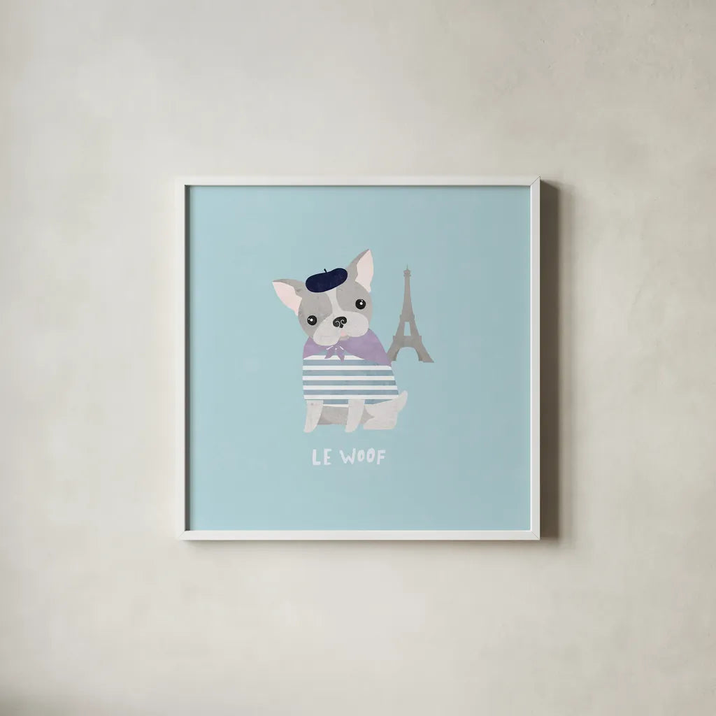 Good Dogs French Bulldog Pastel by Moira Hershey. Shown in a crisp white glass frame for a clean and minimalist style. Available as an archival giclee rolled canvas, fine art paper, or poster print. SKU 58710a.
