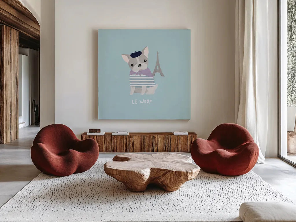 Good Dogs French Bulldog Pastel by Moira Hershey. Shown as extra-large giant wall art in a modern living room. Available as an archival giclee rolled canvas, fine art paper, or poster print. SKU 58710a.