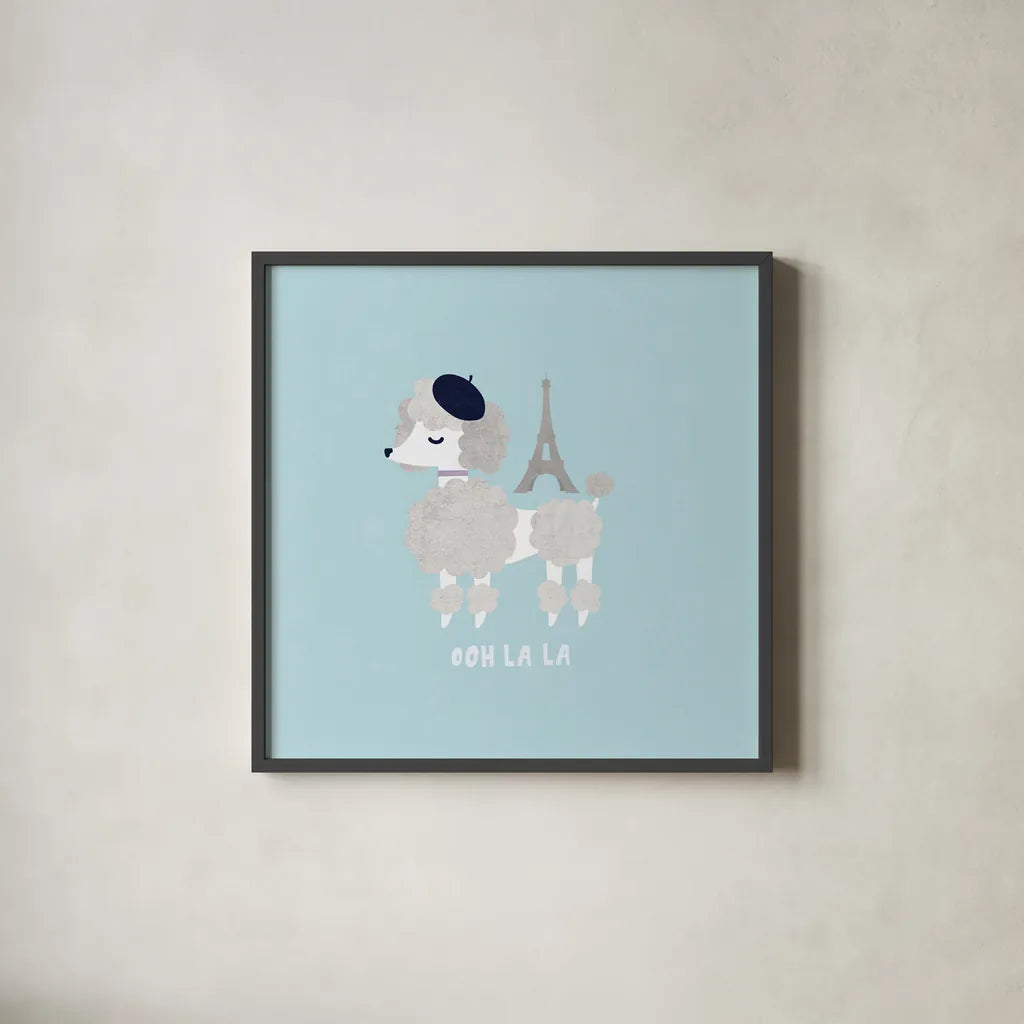 Good Dogs French Poodle Pastel by Moira Hershey. Shown in a sleek black glass frame for a contemporary gallery look. Available as an archival giclee rolled canvas, fine art paper, or poster print. SKU 58711a.