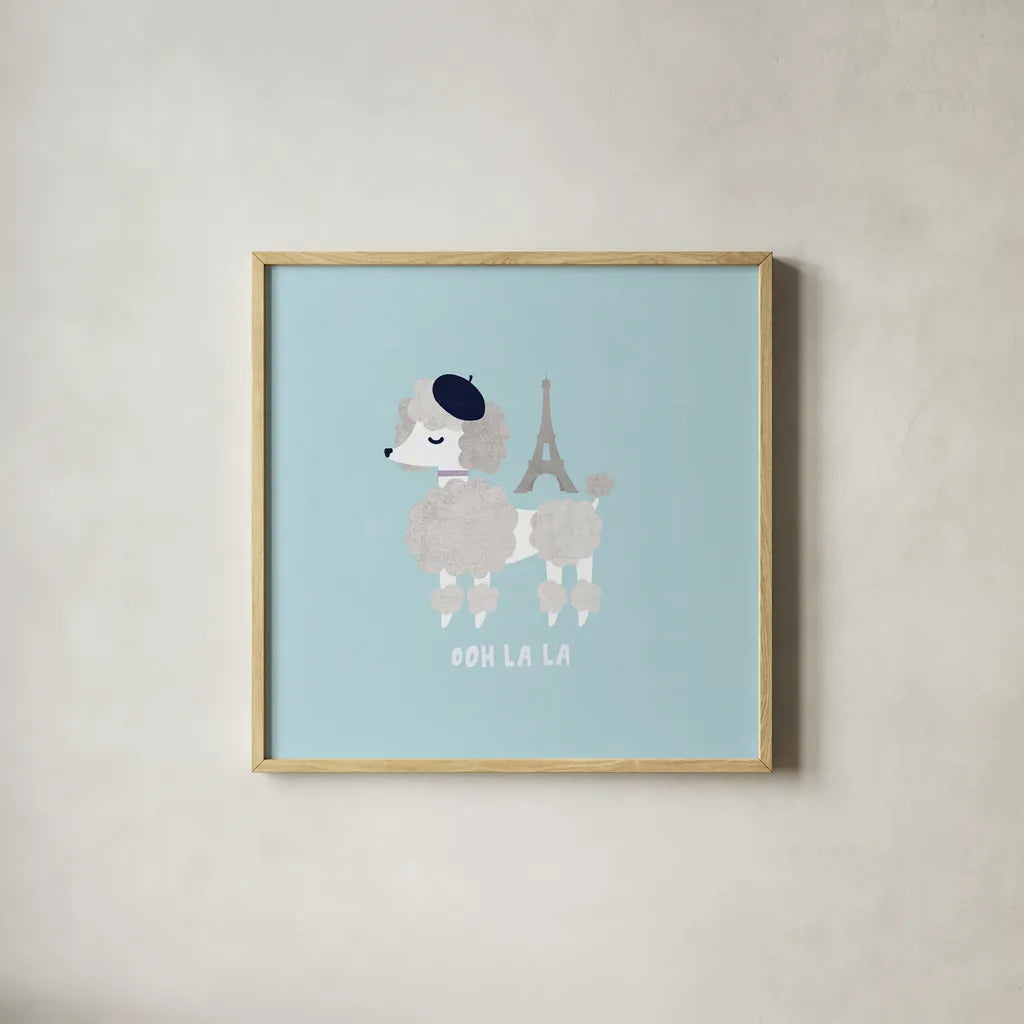 Good Dogs French Poodle Pastel by Moira Hershey. Shown in a natural wood glass frame for a timeless modern aesthetic. Available as an archival giclee rolled canvas, fine art paper, or poster print. SKU 58711a.