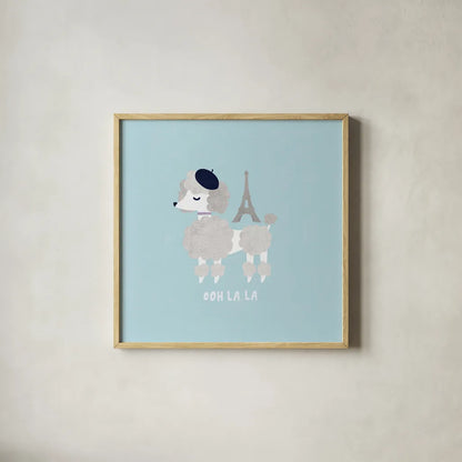 Good Dogs French Poodle Pastel by Moira Hershey. Shown in a natural wood glass frame for a timeless modern aesthetic. Available as an archival giclee rolled canvas, fine art paper, or poster print. SKU 58711a.