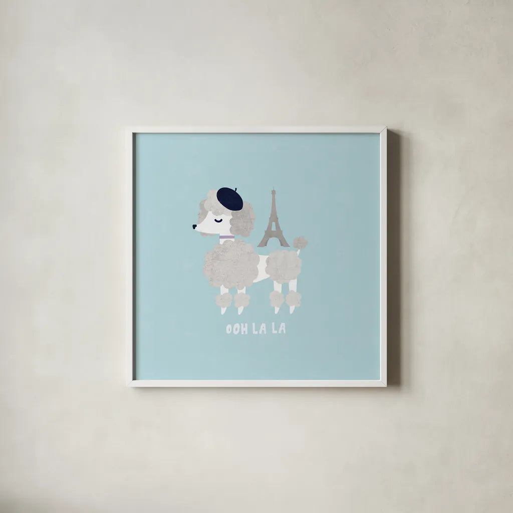 Good Dogs French Poodle Pastel by Moira Hershey. Shown in a crisp white glass frame for a clean and minimalist style. Available as an archival giclee rolled canvas, fine art paper, or poster print. SKU 58711a.