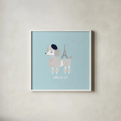 Good Dogs French Poodle Pastel by Moira Hershey. Shown in a crisp white glass frame for a clean and minimalist style. Available as an archival giclee rolled canvas, fine art paper, or poster print. SKU 58711a.