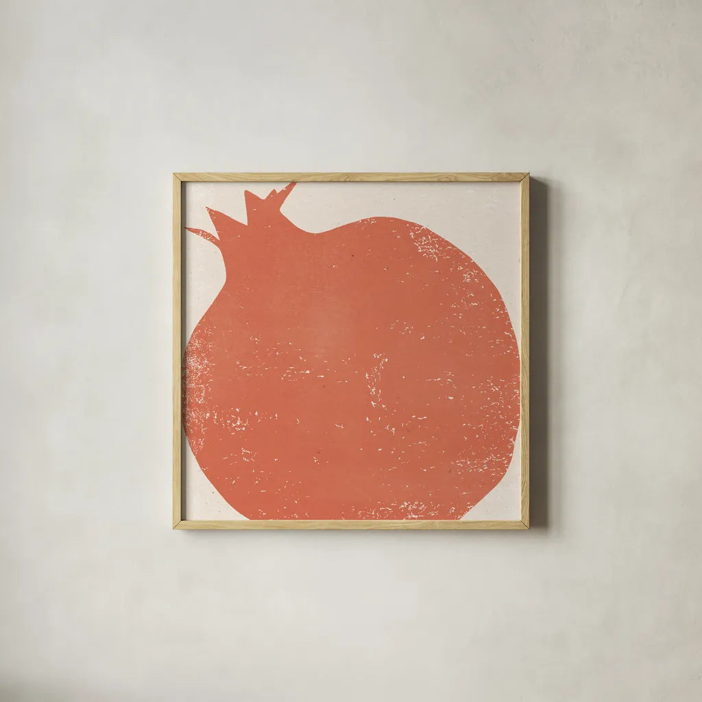 Graphic Fruit I by Moira Hershey. Shown in a natural wood glass frame for a timeless modern aesthetic. Available as an archival giclee rolled canvas, fine art paper, or poster print. SKU 67149a.