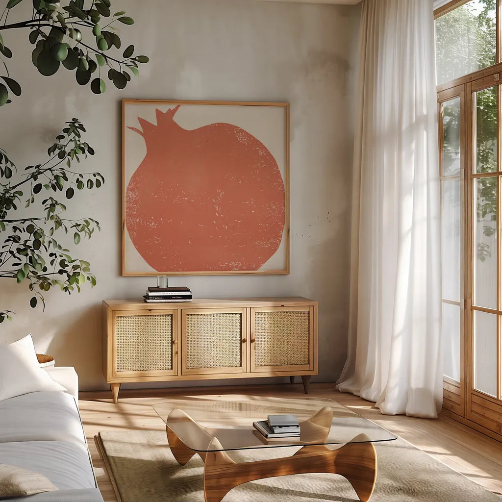 Graphic Fruit I by Moira Hershey. Shown in a natural wood frame in a cozy modern living room. Available as an archival giclee rolled canvas, fine art paper, or poster print. SKU 67149a.