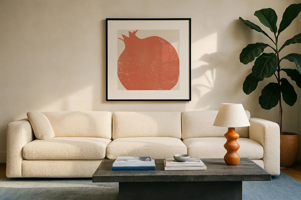 Graphic Fruit I by Moira Hershey. Displayed in a glass frame with matte in a clean modern living room. Available as an archival giclee rolled canvas, fine art paper, or poster print. SKU 67149a.