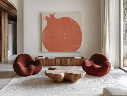 Graphic Fruit I by Moira Hershey. Shown as extra-large giant wall art in a modern living room. Available as an archival giclee rolled canvas, fine art paper, or poster print. SKU 67149a.