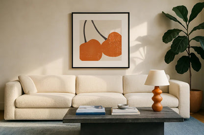Graphic Fruit III by Moira Hershey. Displayed in a glass frame with matte in a clean modern living room. Available as an archival giclee rolled canvas, fine art paper, or poster print. SKU 67151a.