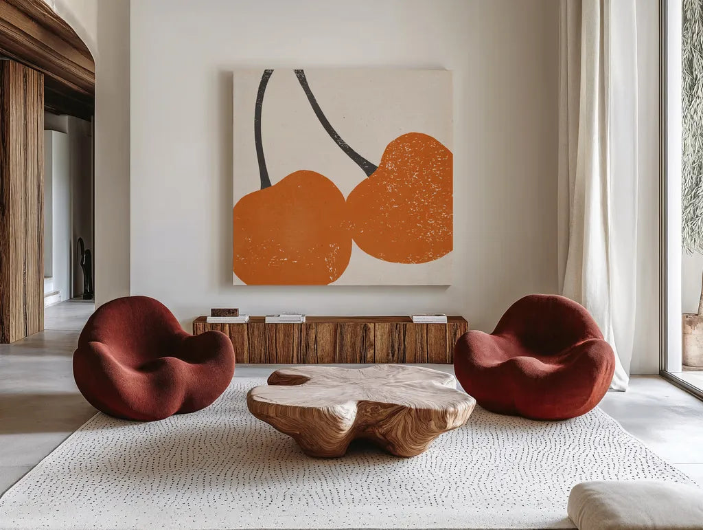 Graphic Fruit III by Moira Hershey. Shown as extra-large giant wall art in a modern living room. Available as an archival giclee rolled canvas, fine art paper, or poster print. SKU 67151a.