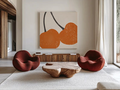 Graphic Fruit III by Moira Hershey. Shown as extra-large giant wall art in a modern living room. Available as an archival giclee rolled canvas, fine art paper, or poster print. SKU 67151a.