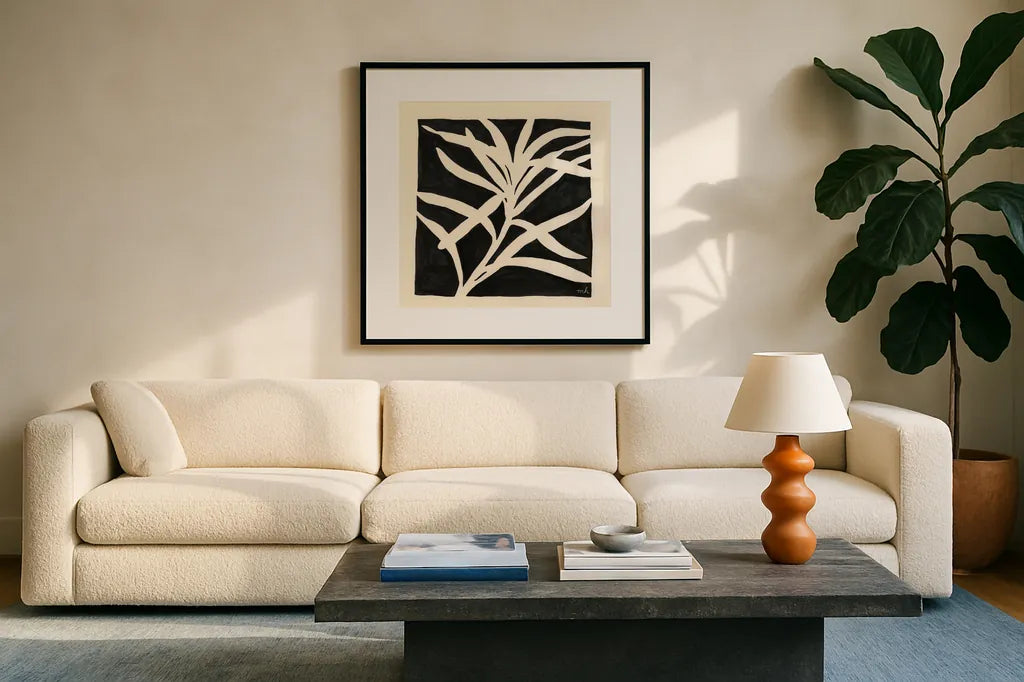 Growing by Moira Hershey. Displayed in a glass frame with matte in a clean modern living room. Available as an archival giclee rolled canvas, fine art paper, or poster print. SKU 58750a.