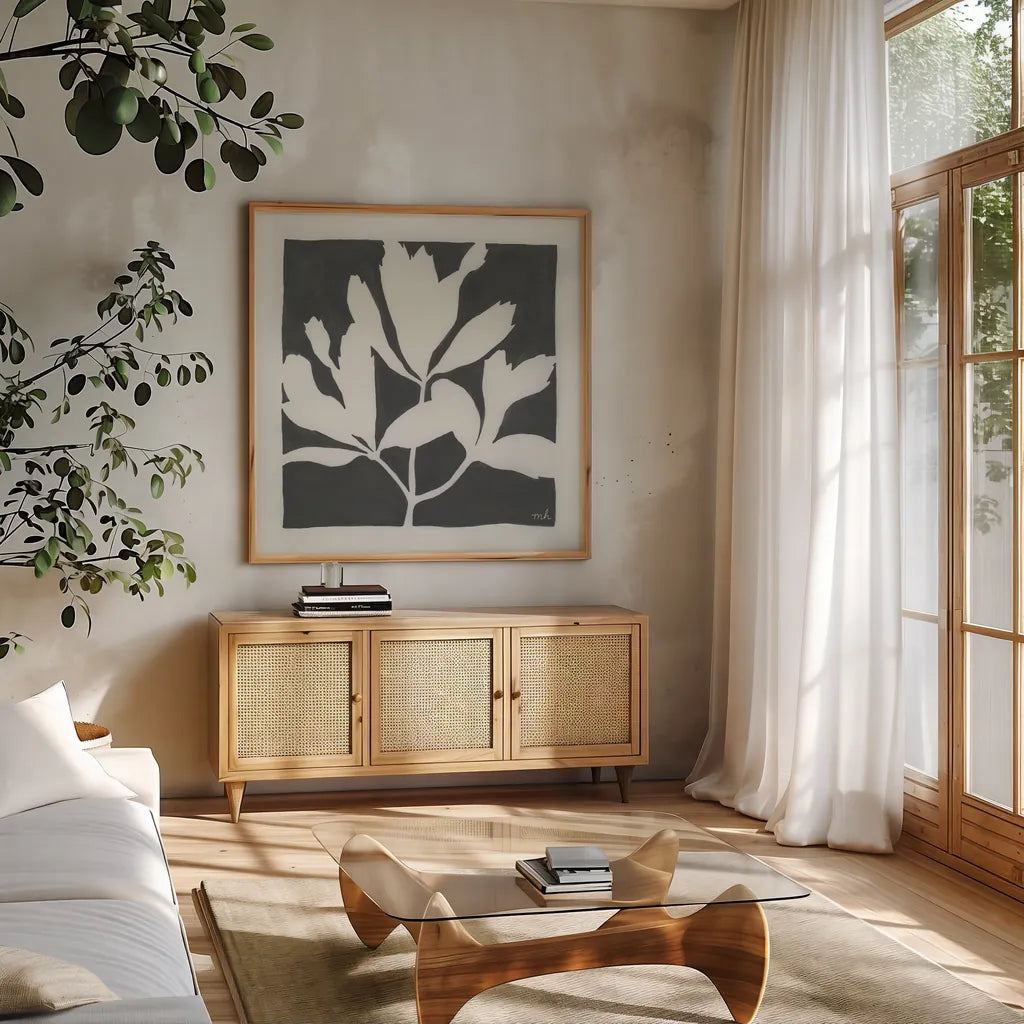 Growing II Gray by Moira Hershey. Shown in a natural wood frame in a cozy modern living room. Available as an archival giclee rolled canvas, fine art paper, or poster print. SKU 79800a.