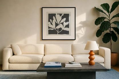 Growing II Gray by Moira Hershey. Displayed in a glass frame with matte in a clean modern living room. Available as an archival giclee rolled canvas, fine art paper, or poster print. SKU 79800a.