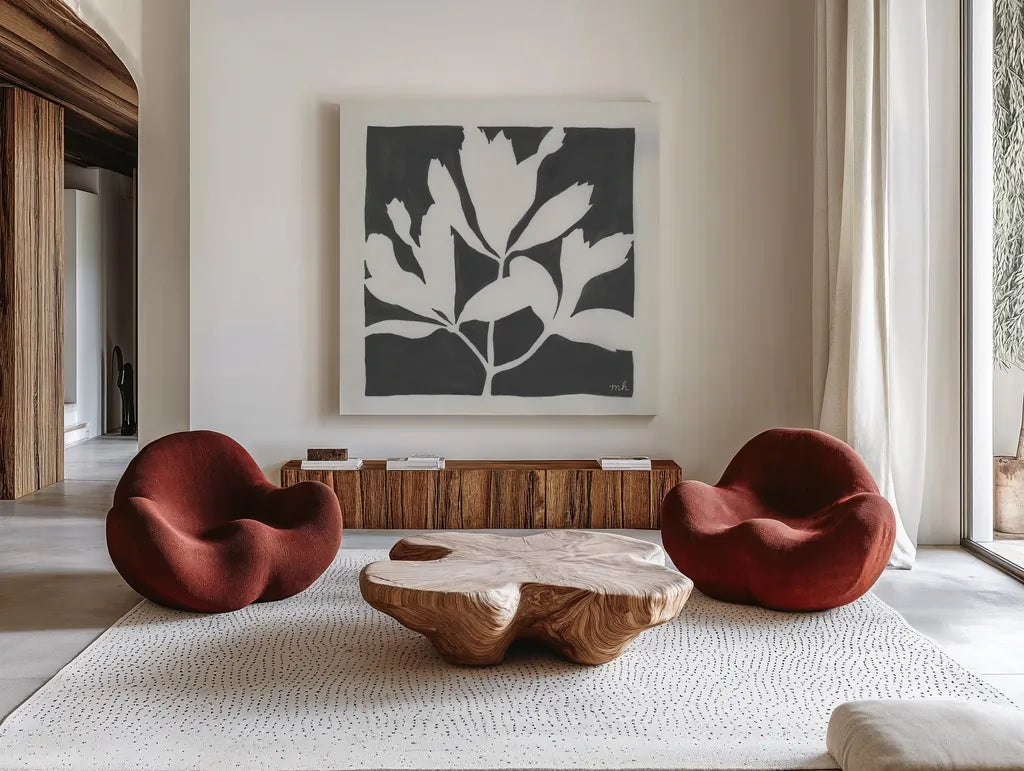 Growing II Gray by Moira Hershey. Shown as extra-large giant wall art in a modern living room. Available as an archival giclee rolled canvas, fine art paper, or poster print. SKU 79800a.