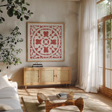 Hacienda Tile I by Moira Hershey. Shown in a natural wood frame in a cozy modern living room. Available as an archival giclee rolled canvas, fine art paper, or poster print. SKU 34519a.