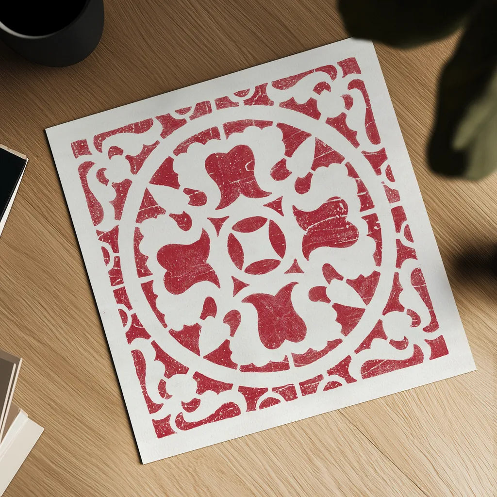 Hacienda Tile I Dark Red by Moira Hershey. Shown as a detailed flat fine art print, highlighting archival giclee quality. Available as an archival giclee rolled canvas, fine art paper, or poster print. SKU 37020a.