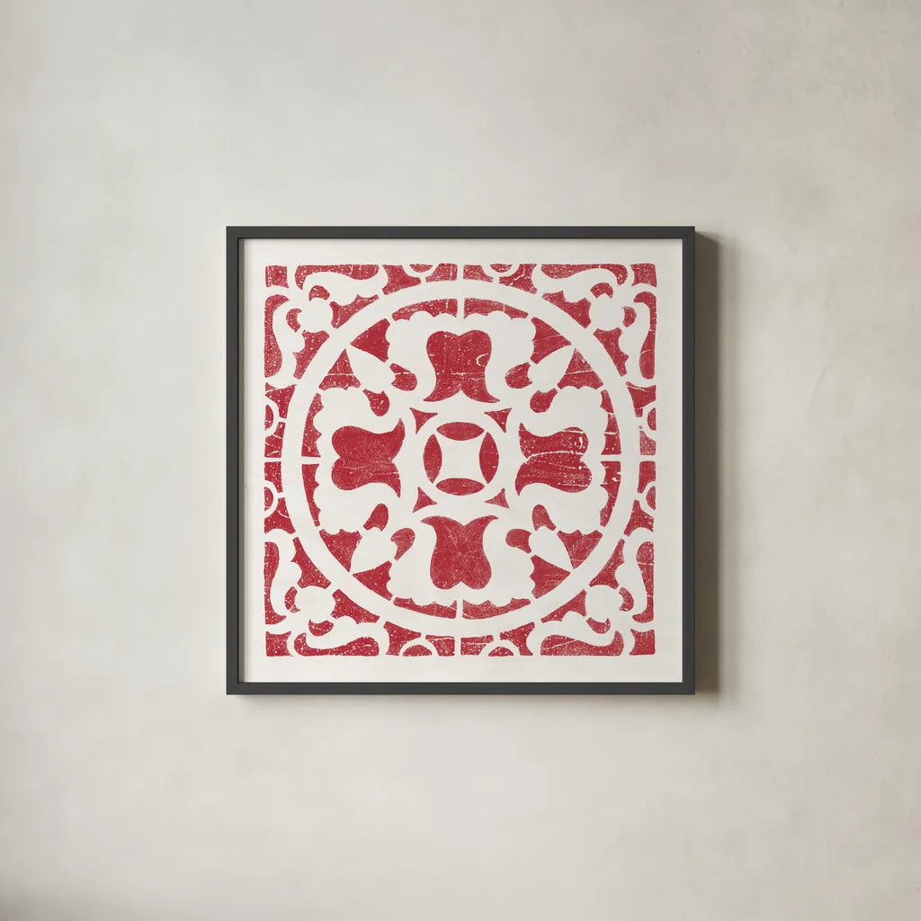 Hacienda Tile I Dark Red by Moira Hershey. Shown in a sleek black glass frame for a contemporary gallery look. Available as an archival giclee rolled canvas, fine art paper, or poster print. SKU 37020a.