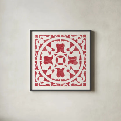 Hacienda Tile I Dark Red by Moira Hershey. Shown in a sleek black glass frame for a contemporary gallery look. Available as an archival giclee rolled canvas, fine art paper, or poster print. SKU 37020a.
