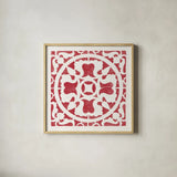 Hacienda Tile I Dark Red by Moira Hershey. Shown in a natural wood glass frame for a timeless modern aesthetic. Available as an archival giclee rolled canvas, fine art paper, or poster print. SKU 37020a.