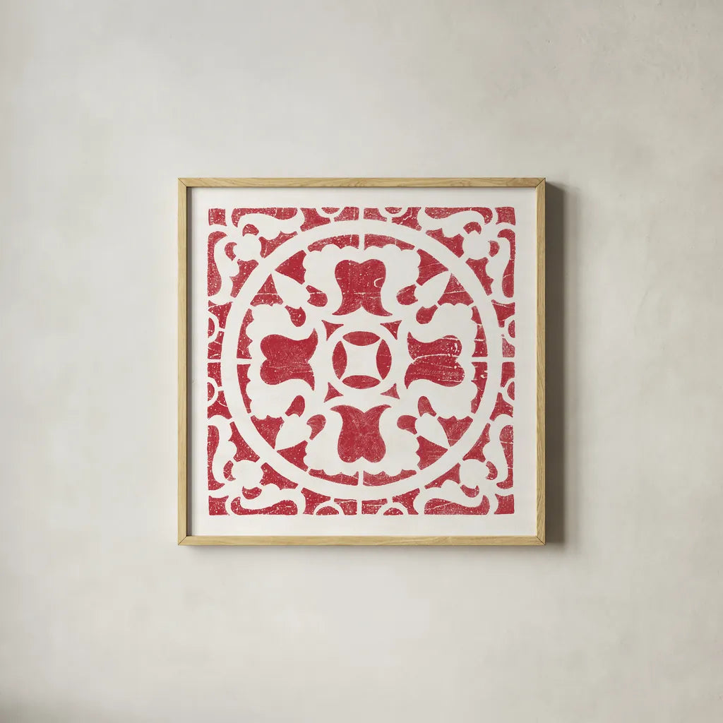 Hacienda Tile I Dark Red by Moira Hershey. Shown in a natural wood glass frame for a timeless modern aesthetic. Available as an archival giclee rolled canvas, fine art paper, or poster print. SKU 37020a.