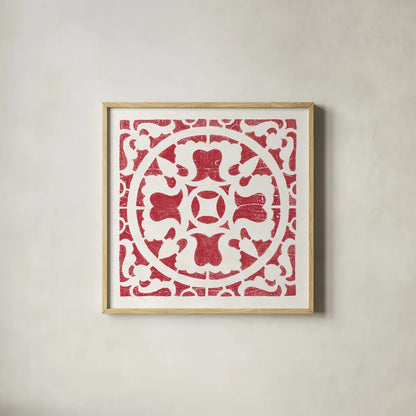 Hacienda Tile I Dark Red by Moira Hershey. Shown in a natural wood glass frame for a timeless modern aesthetic. Available as an archival giclee rolled canvas, fine art paper, or poster print. SKU 37020a.