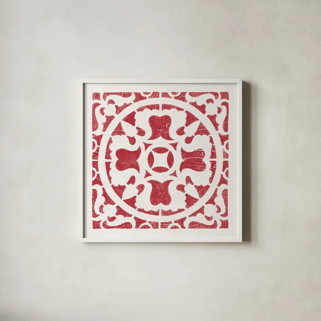 Hacienda Tile I Dark Red by Moira Hershey. Shown in a crisp white glass frame for a clean and minimalist style. Available as an archival giclee rolled canvas, fine art paper, or poster print. SKU 37020a.